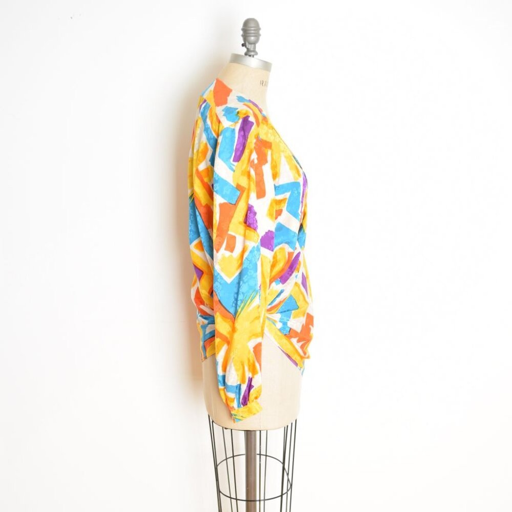 vintage 80s silk wrap blouse top shirt white yellow brush stroke print Argenti L - Picture 5 of 10